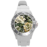 Flower Blossom Bloom Botanical Spring Nature Floral Pattern Leaves Round Plastic Sport Watch (L)