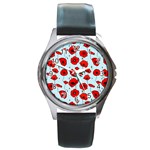 Poppies Flowers Red Seamless Pattern Round Metal Watch