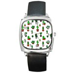 Cactus Plants Background Pattern Seamless Square Metal Watch