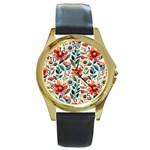 Flowers Flora Floral Background Pattern Nature Seamless Bloom Background Wallpaper Spring Round Gold Metal Watch