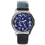 Night Moon Seamless Background Stars Sky Clouds Texture Pattern Round Metal Watch