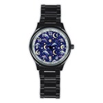 Night Moon Seamless Background Stars Sky Clouds Texture Pattern Stainless Steel Round Watch