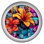 Hibiscus Flowers Colorful Vibrant Tropical Garden Bright Saturated Nature Wall Clock (Silver)