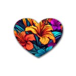 Hibiscus Flowers Colorful Vibrant Tropical Garden Bright Saturated Nature Rubber Heart Coaster (4 pack)