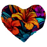 Hibiscus Flowers Colorful Vibrant Tropical Garden Bright Saturated Nature Large 19  Premium Flano Heart Shape Cushions