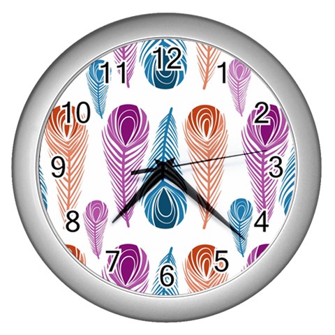 Pen Peacock Colors Colored Pattern Wall Clock (Silver) from ArtsNow.com Front