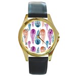 Pen Peacock Colors Colored Pattern Round Gold Metal Watch