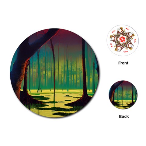 Nature Swamp Water Sunset Spooky Night Reflections Bayou Lake Playing Cards Single Design (Round) from ArtsNow.com Front