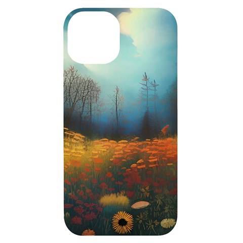 Wildflowers Field Outdoors Clouds Trees Cover Art Storm Mysterious Dream Landscape iPhone 14 Black UV Print Case from ArtsNow.com Front