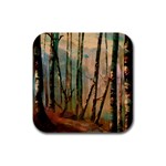 Woodland Woods Forest Trees Nature Outdoors Mist Moon Background Artwork Book Rubber Square Coaster (4 pack)
