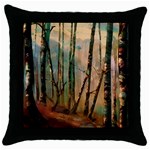 Woodland Woods Forest Trees Nature Outdoors Mist Moon Background Artwork Book Throw Pillow Case (Black)