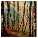 Woodland Woods Forest Trees Nature Outdoors Mist Moon Background Artwork Book Square Satin Scarf (36  x 36 )