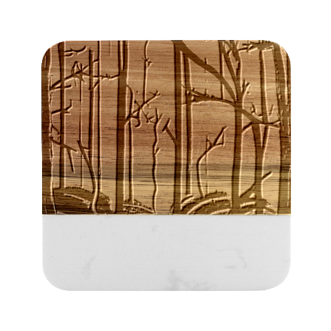 Nature Outdoors Night Trees Scene Forest Woods Light Moonlight Wilderness Stars Marble Wood Coaster (Square) from ArtsNow.com Front
