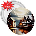 Village Reflections Snow Sky Dramatic Town House Cottages Pond Lake City 3  Buttons (100 pack) 