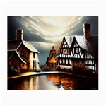 Village Reflections Snow Sky Dramatic Town House Cottages Pond Lake City Small Glasses Cloth