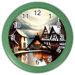 Village Reflections Snow Sky Dramatic Town House Cottages Pond Lake City Color Wall Clock