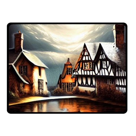 Village Reflections Snow Sky Dramatic Town House Cottages Pond Lake City Fleece Blanket (Small) from ArtsNow.com 50 x40  Blanket Front