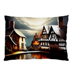 Village Reflections Snow Sky Dramatic Town House Cottages Pond Lake City Pillow Case (Two Sides)