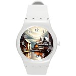 Village Reflections Snow Sky Dramatic Town House Cottages Pond Lake City Round Plastic Sport Watch (M)