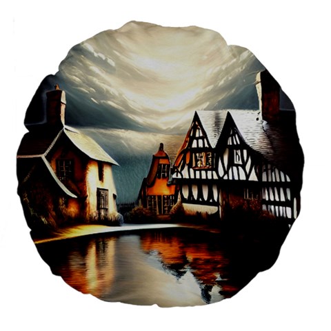 Village Reflections Snow Sky Dramatic Town House Cottages Pond Lake City Large 18  Premium Flano Round Cushions from ArtsNow.com Front