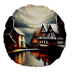 Village Reflections Snow Sky Dramatic Town House Cottages Pond Lake City Large 18  Premium Flano Round Cushions from ArtsNow.com Front