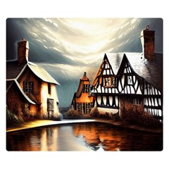 Village Reflections Snow Sky Dramatic Town House Cottages Pond Lake City Two Sides Premium Plush Fleece Blanket (Kids Size) from ArtsNow.com 50 x40  Blanket Front