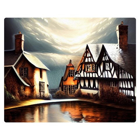 Village Reflections Snow Sky Dramatic Town House Cottages Pond Lake City Two Sides Premium Plush Fleece Blanket (Teen Size) from ArtsNow.com 60 x50  Blanket Front