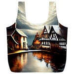 Village Reflections Snow Sky Dramatic Town House Cottages Pond Lake City Full Print Recycle Bag (XXL)