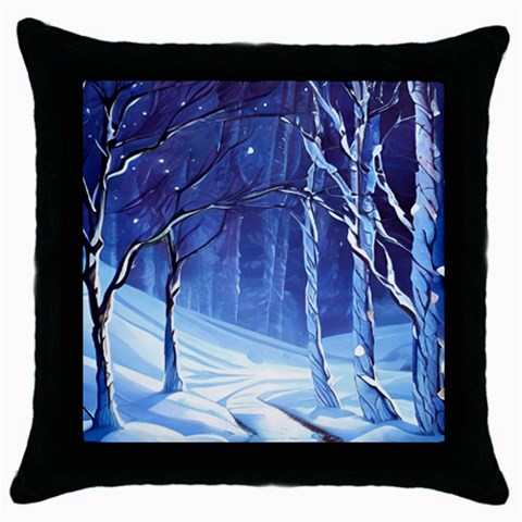 Landscape Outdoors Greeting Card Snow Forest Woods Nature Path Trail Santa s Village Throw Pillow Case (Black) from ArtsNow.com Front