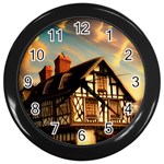 Village House Cottage Medieval Timber Tudor Split timber Frame Architecture Town Twilight Chimney Wall Clock (Black)