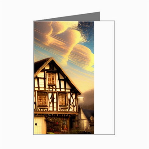 Village House Cottage Medieval Timber Tudor Split timber Frame Architecture Town Twilight Chimney Mini Greeting Card from ArtsNow.com Left