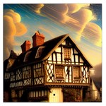 Village House Cottage Medieval Timber Tudor Split timber Frame Architecture Town Twilight Chimney Square Satin Scarf (36  x 36 )