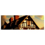 Village House Cottage Medieval Timber Tudor Split timber Frame Architecture Town Twilight Chimney Banner and Sign 12  x 4 