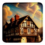 Village House Cottage Medieval Timber Tudor Split timber Frame Architecture Town Twilight Chimney Square Glass Fridge Magnet (4 pack)