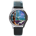 Artwork Outdoors Night Trees Setting Scene Forest Woods Light Moonlight Nature Round Metal Watch