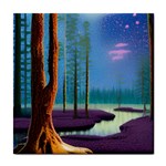Artwork Outdoors Night Trees Setting Scene Forest Woods Light Moonlight Nature Tile Coaster