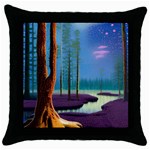 Artwork Outdoors Night Trees Setting Scene Forest Woods Light Moonlight Nature Throw Pillow Case (Black)