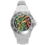 Outdoors Night Setting Scene Forest Woods Light Moonlight Nature Wilderness Leaves Branches Abstract Round Plastic Sport Watch (L)