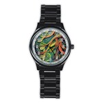 Outdoors Night Setting Scene Forest Woods Light Moonlight Nature Wilderness Leaves Branches Abstract Stainless Steel Round Watch
