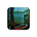 Boat Canoe Swamp Bayou Roots Moss Log Nature Scene Landscape Water Lake Setting Abandoned Rowboat Fi Rubber Square Coaster (4 pack)