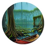 Boat Canoe Swamp Bayou Roots Moss Log Nature Scene Landscape Water Lake Setting Abandoned Rowboat Fi Magnet 5  (Round)