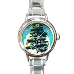 Pine Moon Tree Landscape Nature Scene Stars Setting Night Midnight Full Moon Round Italian Charm Watch