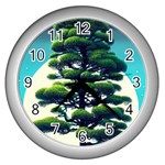 Pine Moon Tree Landscape Nature Scene Stars Setting Night Midnight Full Moon Wall Clock (Silver)