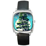 Pine Moon Tree Landscape Nature Scene Stars Setting Night Midnight Full Moon Square Metal Watch