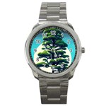 Pine Moon Tree Landscape Nature Scene Stars Setting Night Midnight Full Moon Sport Metal Watch