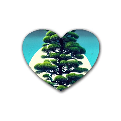 Pine Moon Tree Landscape Nature Scene Stars Setting Night Midnight Full Moon Rubber Heart Coaster (4 pack) from ArtsNow.com Front
