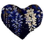Solid Color Background With Royal Blue, Gold Flecked , And White Wisteria Hanging From The Top Large 19  Premium Heart Shape Cushions