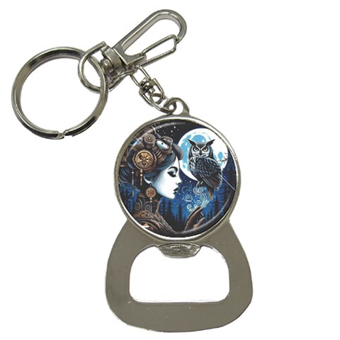Steampunk Woman With Owl 2 Steampunk Woman With Owl Woman With Owl Strap Bottle Opener Key Chain from ArtsNow.com Front