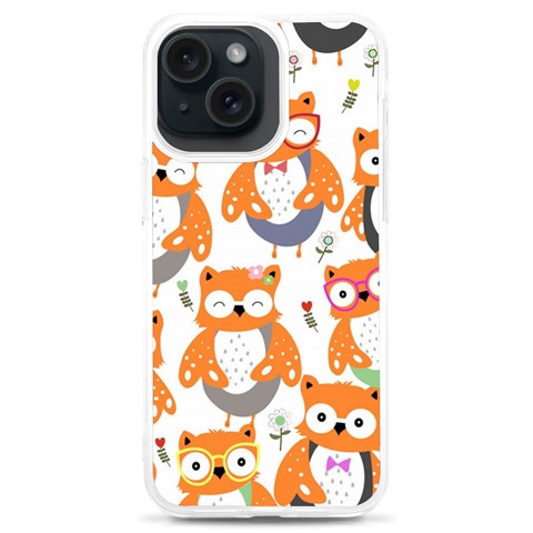 Cute Colorful Owl Cartoon Seamless Pattern iPhone 15 Plus TPU UV Print Case from ArtsNow.com Front