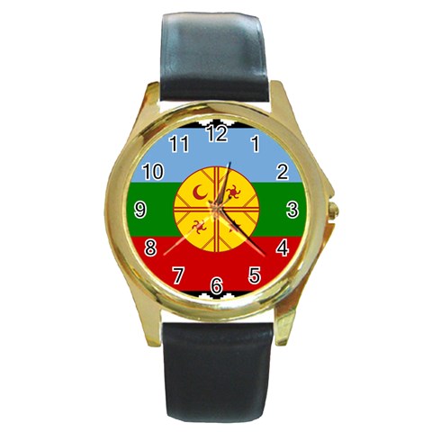 Flag Of The Mapuches Round Gold Metal Watch from ArtsNow.com Front